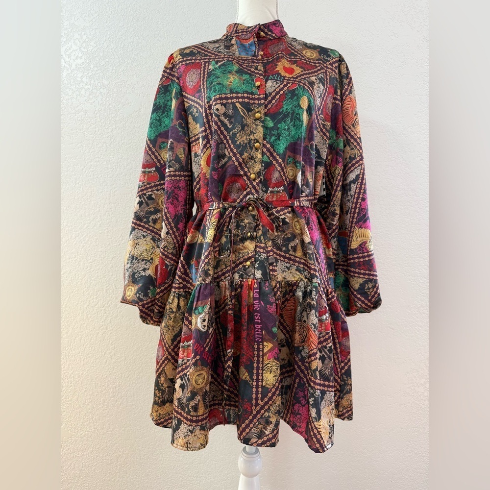 NWT!ALDEN ADAIR Multicolor Graphic print balloon Sleeve belted mini Dress size L